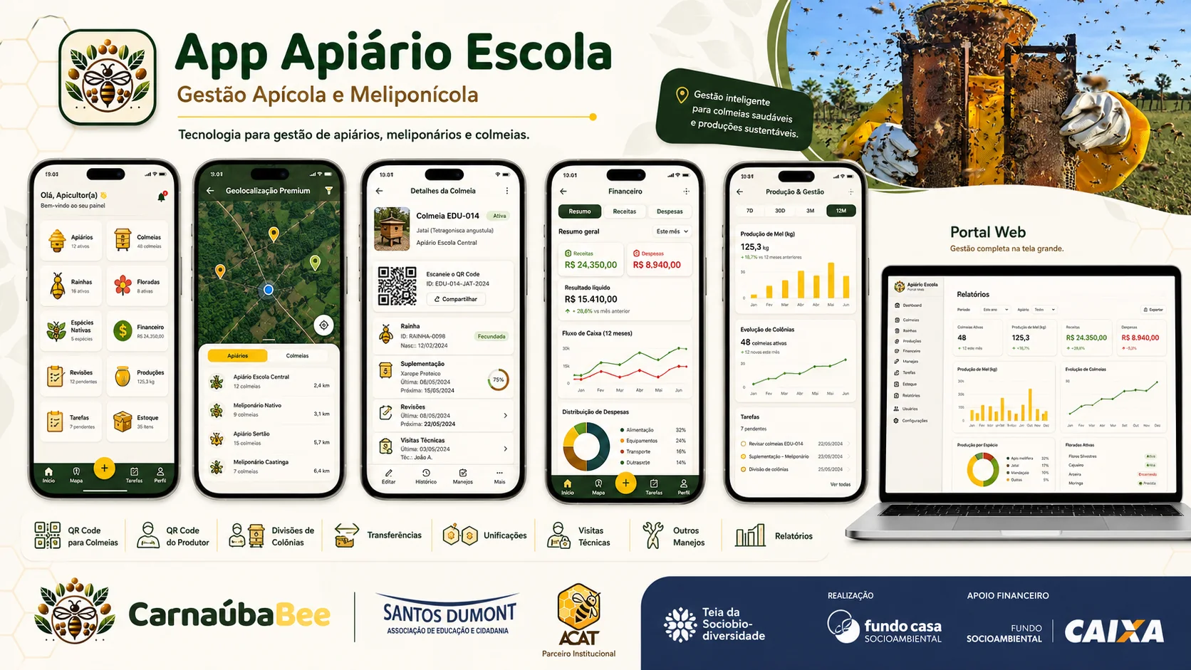 Interface conceitual do App Apiário Escola para gestão apícola e meliponícola