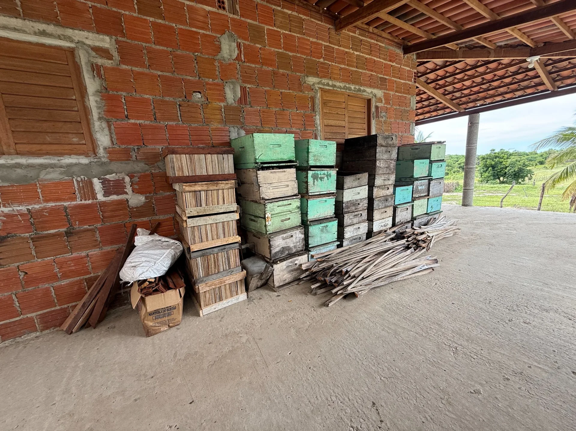 Colmeias e talos em área de oficina